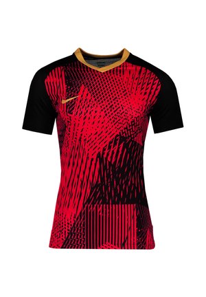 Red and black short-sleeve sports jersey with a geometric pattern, featuring a gold neckline and a small logo on the chest.