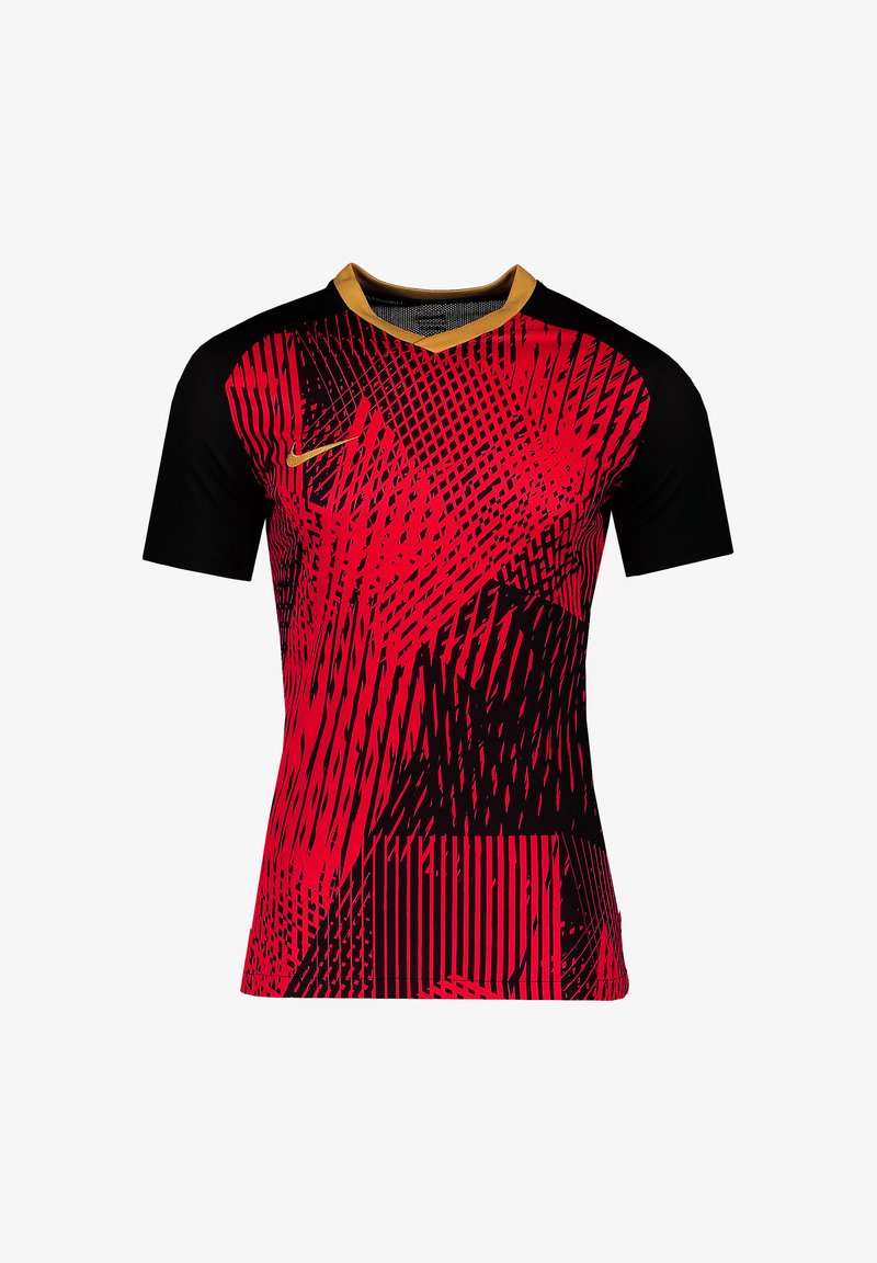 Maillot de sport à manches courtes rouge et noir avec un motif géométrique, doté d'un col en or et d'un petit logo sur la poitrine.
