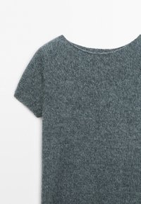 Short-sleeve, round-neck knitted sweater in soft, textured grey fabric shown from the front on a white background.