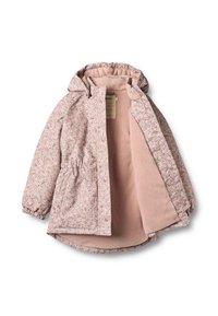 Floral-patterned outer jacket in light pink and cream, with elastic cuffs, a soft pink fleece lining, and a hood. Open front design.