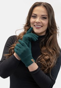 Grüne gestrickte Handschuhe mit gerippten Bündchen und einem kleinen Lederetikett. Am Hand getragen, betonen sie eine glatte Textur und eine enge Passform.