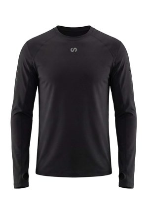 Chemise de sport noire à manches longues avec col rond, trous pour les pouces aux poignets et petit logo réfléchissant centré près du col.