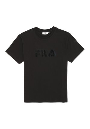 Schwarzes Kurzarm-T-Shirt mit Rundhalsausschnitt und einem dezent erhabenen FILA-Logo über der Brust.