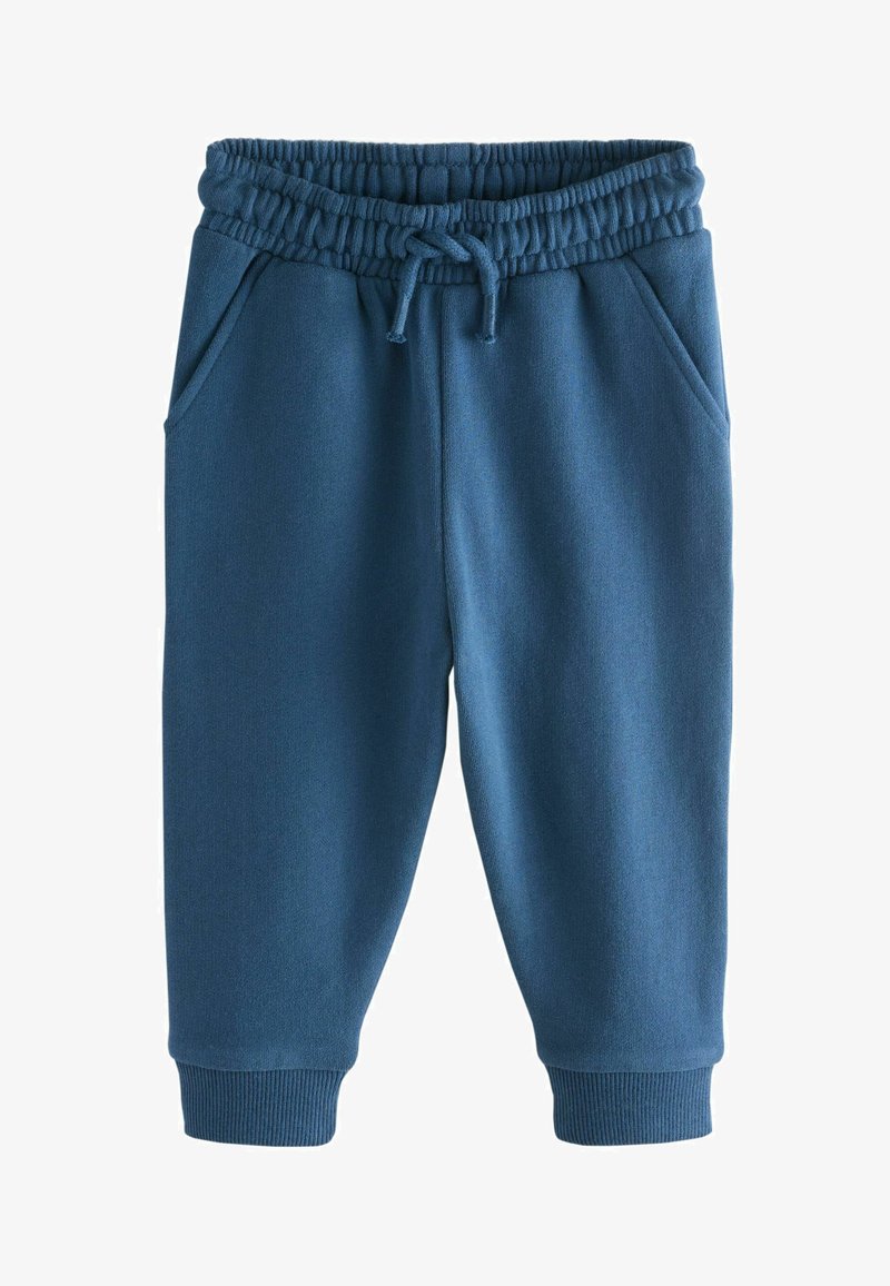 Pantalones jogger de algodón azul con cintura elástica, cordón ajustable, dos bolsillos laterales y puños acanalados en el tobillo.