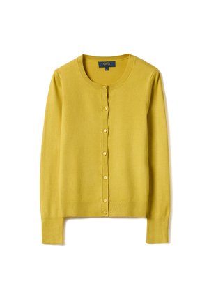 Yellow long-sleeve button-up cardigan with round neckline, ribbed cuffs and hem, displayed flat against a white background.