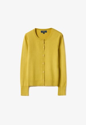 Yellow long-sleeve button-up cardigan with round neckline, ribbed cuffs and hem, displayed flat against a white background.