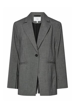 Grijze gebreide blazer met streepjes, voorzien van een reverskraag, enkele knoopsluiting, voorzakken en een losse pasvorm. De binnenkant heeft een contrasterende zwarte voering.