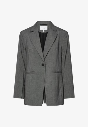 Blazer gris à fines rayures avec col cranté, fermeture à un bouton, poches avant et coupe décontractée. L'intérieur présente une doublure noire contrastante.