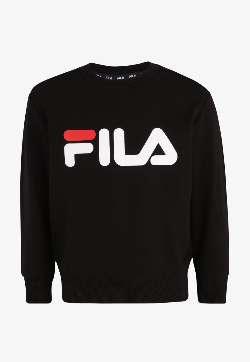 Sudadera negra con cuello redondo, puños y dobladillo acanalados. Presenta un gran logotipo de FILA en rojo y blanco en la parte frontal.