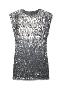 Ärmelloses Top mit Pailletten in einem Farbverlauf von Silber und Anthrazit, das einen runden Ausschnitt und ein aufwendiges Schimmer-Muster aufweist.