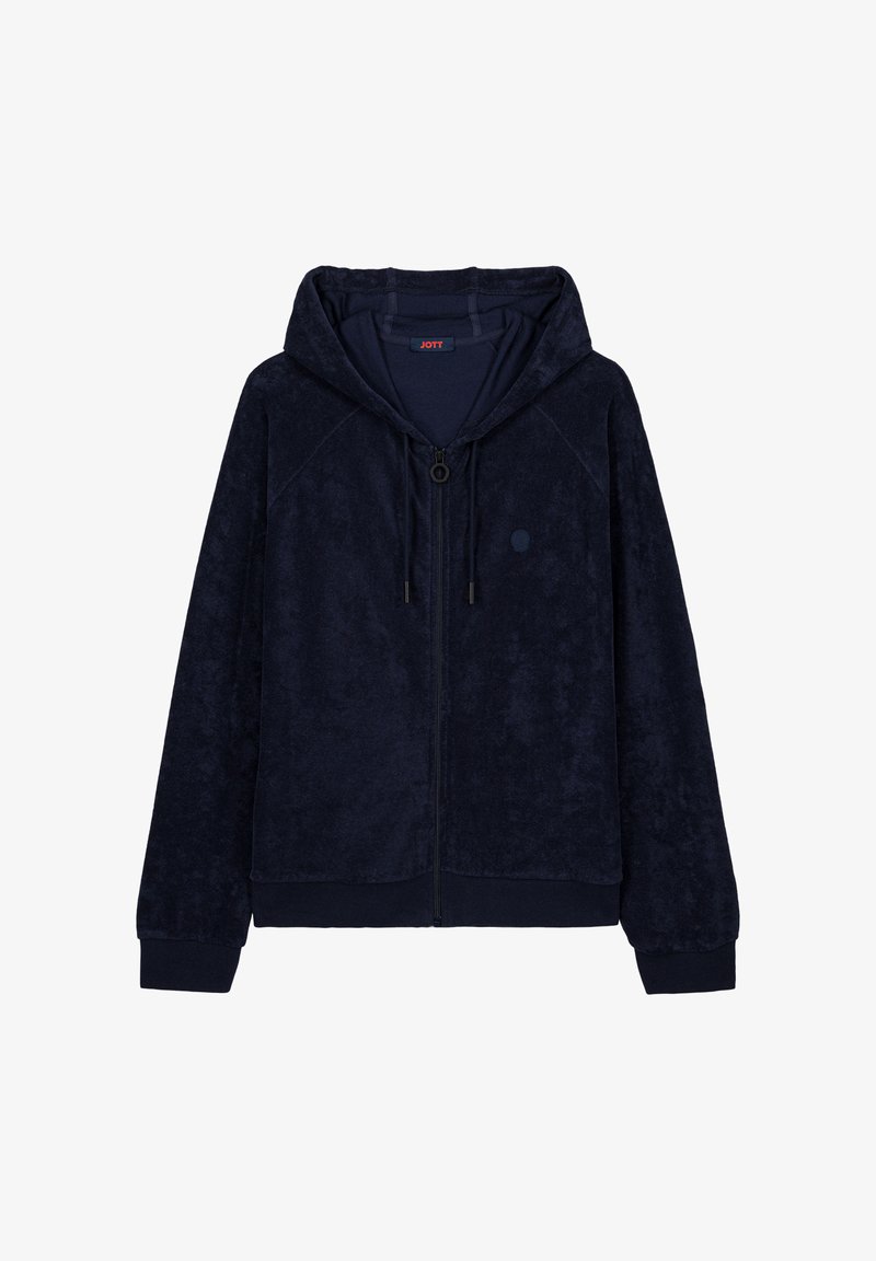 Veste à capuche zippée bleu marine avec cordons, poignets et ourlet côtelés, et petit logo ton sur ton sur le côté gauche de la poitrine.