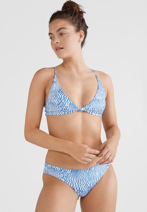 Biquíni com padrão de zebra azul e branco, apresentando um top triangular com detalhe de nó e parte de baixo de corte baixo combinando. Tecido suave e elástico.