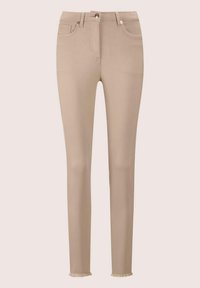 Nude skinny jeans made of soft, stretch fabric. Features a fitted silhouette, front pockets, and frayed hemline at the ankles.