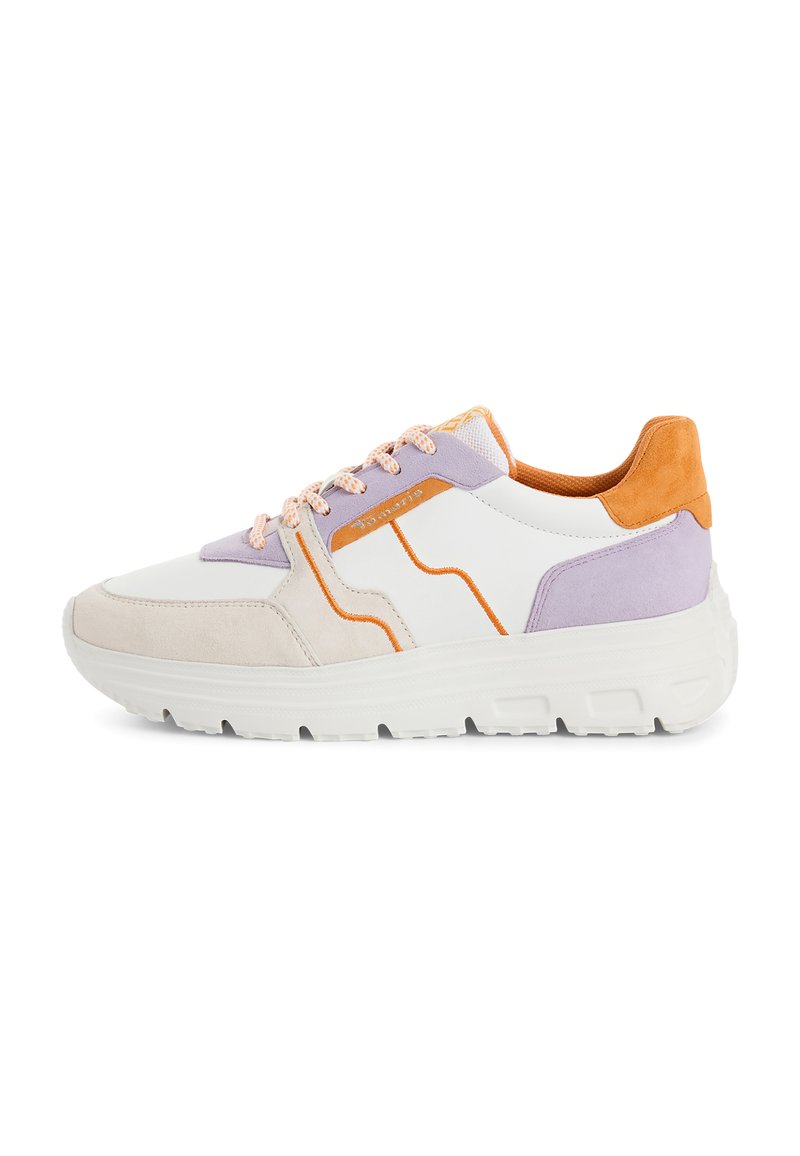 Sneakers featuring a mix of white leather and light purple, orange, and beige suede accents. Rounded toe, thick white sole, and textured laces.