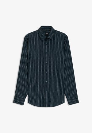 Camicia a maniche lunghe di un blu scuro con un piccolo motivo circolare ripetuto in bianco e blu chiaro, dotata di colletto classico e chiusura frontale con bottoni.