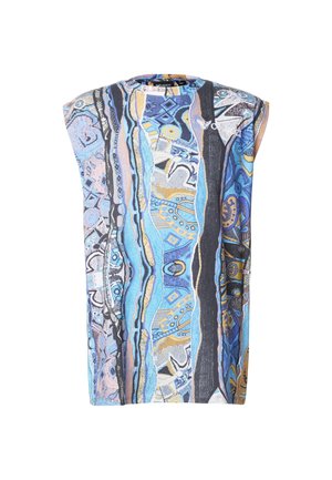 Ujjatlan felső kék, fekete és bézs színben, absztrakt mintákkal. Kerek nyakkivágással és puha, texturált anyagból készült.