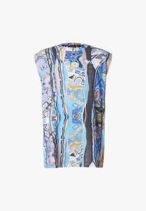 Ujjatlan felső kék, fekete és bézs színben, absztrakt mintákkal. Kerek nyakkivágással és puha, texturált anyagból készült.