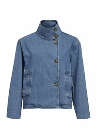 Veste en denim bleu clair avec un col haut, sept boutons, deux poches latérales et un design légèrement court. Texture lisse.
