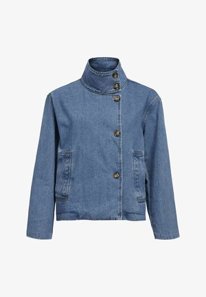 Šviesiai mėlynas džinsinis švarkas su aukštu apykakle, septyniais sagstais, dviem šoninėmis kišenėmis ir šiek tiek trumpu dizainu. Lygus paviršius.