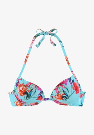 Blauer Blumen-Bikini-Oberteil mit gepolsterten Cups, verstellbaren Bindebändern und lebhaftem floralen Muster in Pink, Orange und Grün. Leichtes Material.