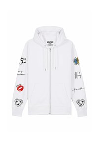 Felpa bianca con zip che presenta diverse stampe, tra cui un sole, cuori e scritte in nero e rosso. Include una tasca a marsupio e cordini.