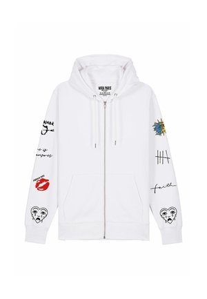 Sweat à capuche blanc zippé avec capuche et cordons, présentant des motifs graphiques noirs et rouges sur les manches incluant des cœurs, des lèvres, un soleil et du texte.
