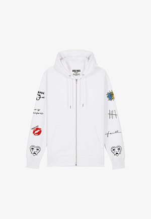 Sweat à capuche blanc zippé avec capuche et cordons, présentant des motifs graphiques noirs et rouges sur les manches incluant des cœurs, des lèvres, un soleil et du texte.