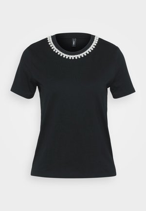 Black cotton t-shirt with short sleeves and a round neckline. Features a decorative bead design at the collar, surface is smooth.