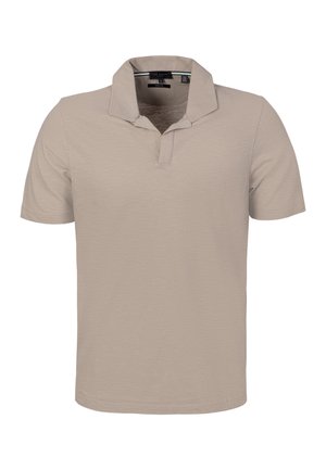 Beżowa koszulka polo z krótkim rękawem, z rozłożystym kołnierzem bez guzików, wykonana z teksturowanej bawełnianej tkaniny.
