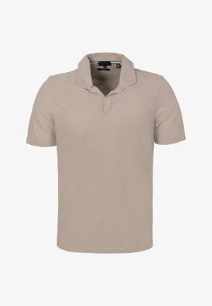 Beiges kurzärmeliges Polohemd mit einem ausgestellten Kragen ohne Knöpfe, aus strukturiertem Baumwollstoff gefertigt.