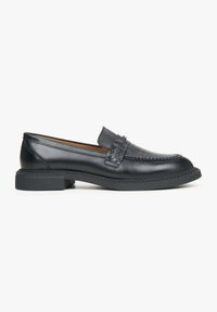 Black leather loafers with a smooth finish, featuring decorative stitching and a low-block heel. The design includes a rounded toe and a subtle accent on the vamp.