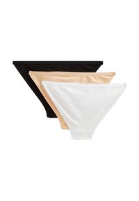 Trois paires de slips de bikini pour femmes exposées. Couleurs : noir, nude et blanc. Tissu lisse avec un design taille basse et une ceinture élastique.