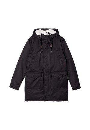 Black hooded jacket with a soft, lined interior, two front pockets, adjustable drawstrings, and a zippered front closure.