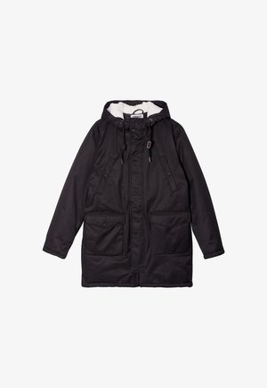 Giacca nera con cappuccio, dotata di un interno morbido e foderato, due tasche frontali, stringhe regolabili e chiusura frontale con zip.