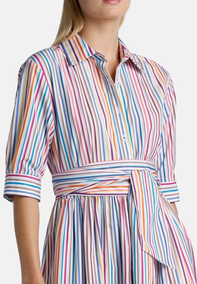 Striped shirt dress in cotton, featuring a collar, button front, and belt. Multi-colored stripes in pink, blue, and yellow. 3/4 sleeves.