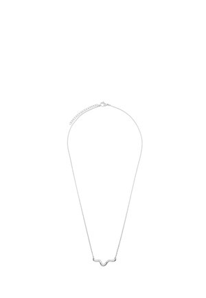 Zarte Silberkette mit kleinem abstraktem wellenförmigem Stab-Anhänger und einem Karabinerverschluss mit verstellbarem Verlängerungskettchen.