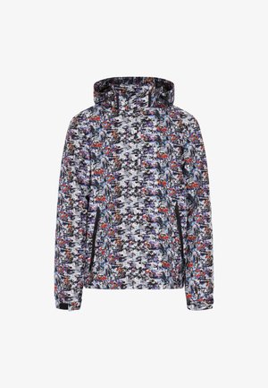 Letvægts hættejakke med et flerfarvet abstrakt mønster. Har en lynlåslukning og sidelommer. Fremstillet af et fleksibelt stof.