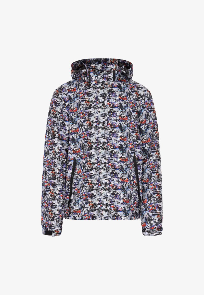 Letvægts hættejakke med et flerfarvet abstrakt mønster. Har en lynlåslukning og sidelommer. Fremstillet af et fleksibelt stof.