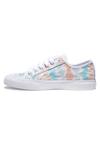 Canvas sneakers featuring a multicolor tie-dye pattern in pastel shades of blue and pink, with white laces and a rubber sole.