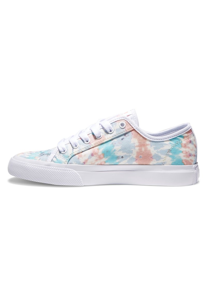 Canvas sneakers featuring a multicolor tie-dye pattern in pastel shades of blue and pink, with white laces and a rubber sole.