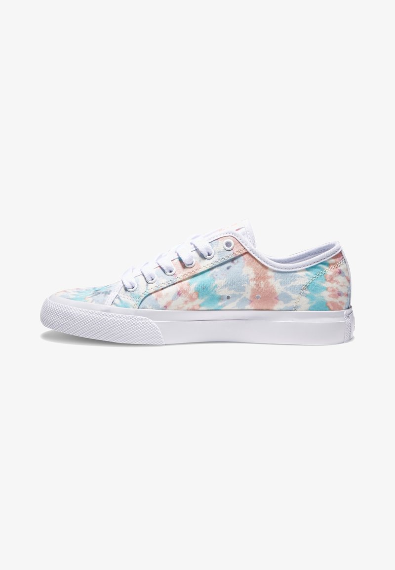 Canvas sneakers featuring a multicolor tie-dye pattern in pastel shades of blue and pink, with white laces and a rubber sole.