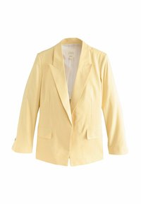 Žlutý lněný blazer s ostrými klopami, dvěma předními kapsami a zapínáním na jeden knoflík, s plisovanou vnitřní podšívkou.
