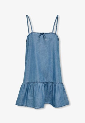 Lyseblå denimærmeløs kjole med tynde stropper, lille forreste bindebånd ved halsudskæringen og en udvidet flæsekant.