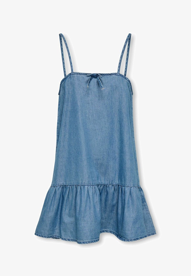 Robe sans manches en denim bleu clair avec fines bretelles, un petit nœud devant au niveau du décolleté et un ourlet évasé à volants.