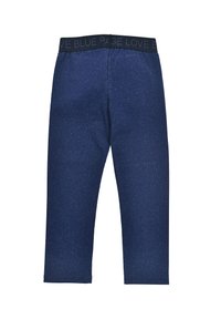 Navy blue pants with a textured fabric, elastic waistband featuring printed text. Straight cut, reaching mid-calf with a casual design.