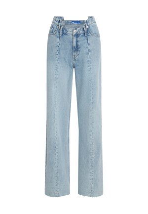 Hellblaue, hochtaillierte Jeans mit weitem Bein. Aus Denim, mit fransigem Saum und vorderem Knopfverschluss.