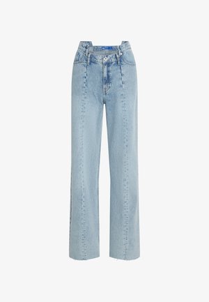 Hellblaue, hochtaillierte Jeans mit weitem Bein. Aus Denim, mit fransigem Saum und vorderem Knopfverschluss.
