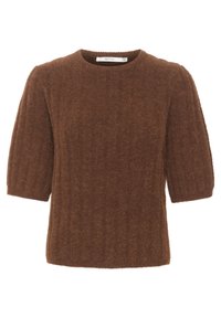 Pull en tricot marron avec des manches courtes bouffantes, présentant un col rond et un tissu texturé et doux. Design épuré et simple sans embellissements.