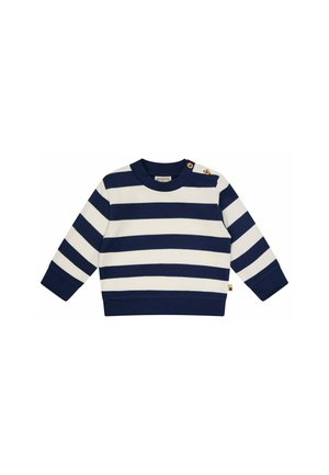 Langärmliger Pullover für Kleinkinder in Marineblau und Weiß gestreift mit rundem Ausschnitt und zwei Holzknöpfen auf der linken Schulter.