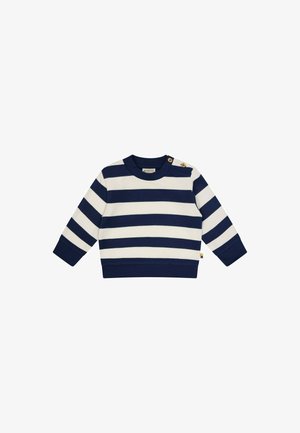 Langärmliger Pullover für Kleinkinder in Marineblau und Weiß gestreift mit rundem Ausschnitt und zwei Holzknöpfen auf der linken Schulter.